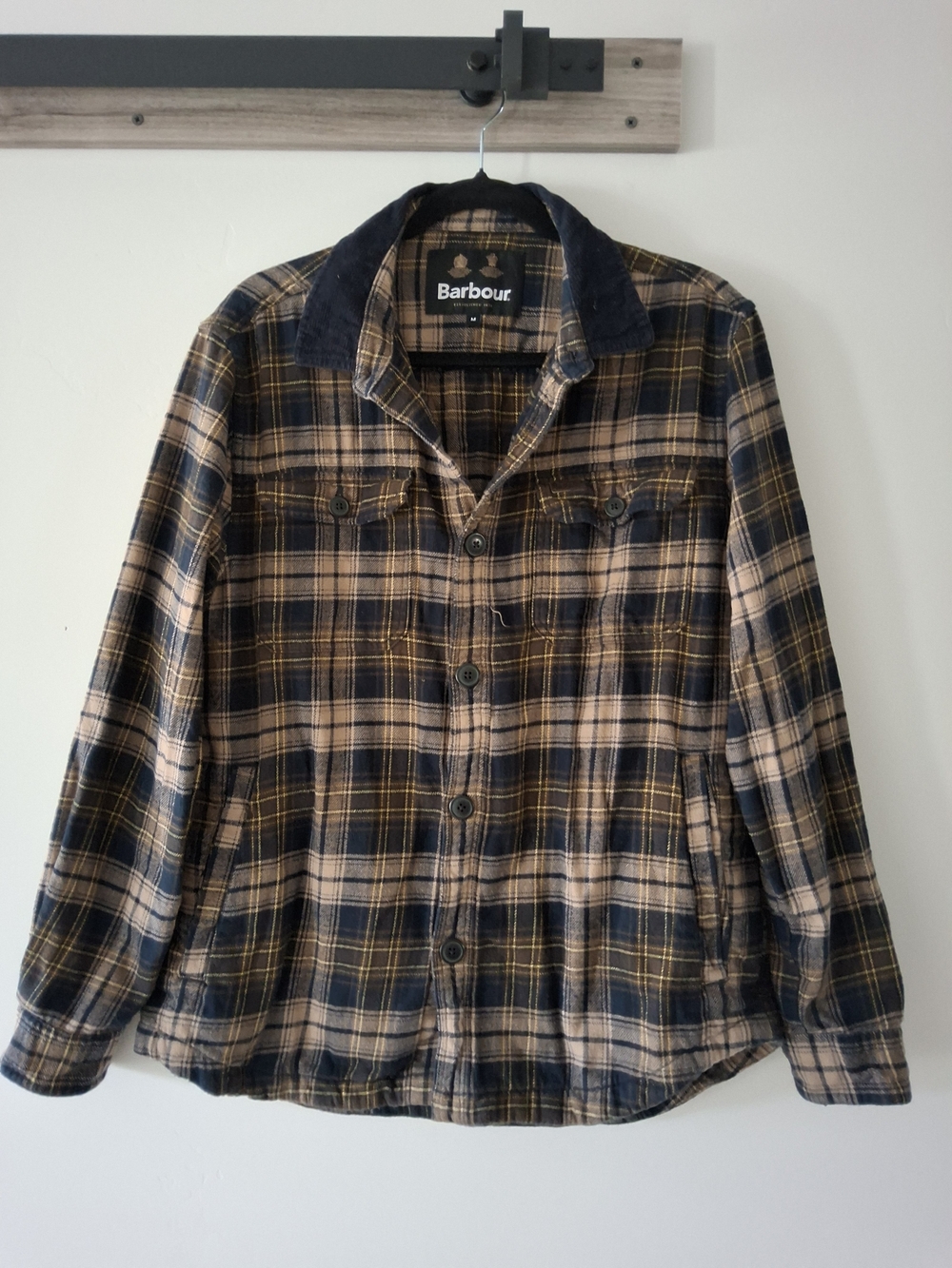 Barbour Navy, Tan & Yellow Plaid Utility Jacket with Corduroy Collar